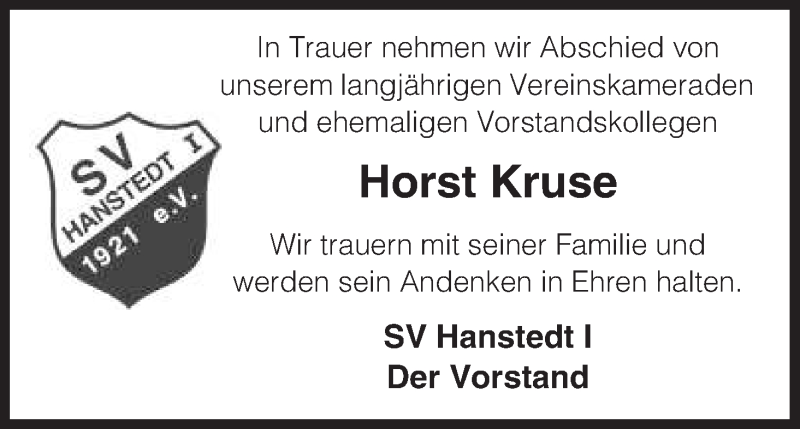  Traueranzeige für Horst Kruse vom 03.08.2013 aus Uelzen