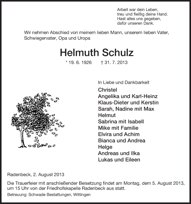  Traueranzeige für Helmuth Schulz vom 02.08.2013 aus Uelzen