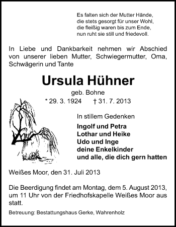 Traueranzeige von Ursula Hühner von Uelzen