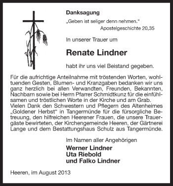 Traueranzeige von Renate Lindner von Uelzen