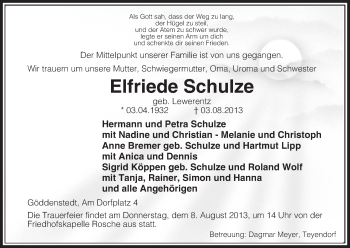 Traueranzeige von Elfriede Schulze von Uelzen