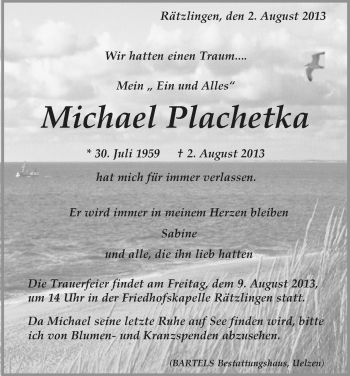 Traueranzeige von Michael Plachetka von Uelzen