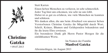 Traueranzeige von Christine Gatzka von Uelzen