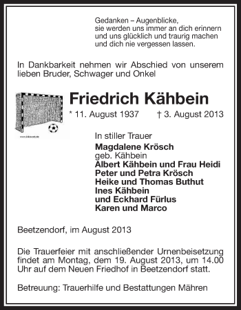 Traueranzeige von Freidrich Kähbein von Uelzen