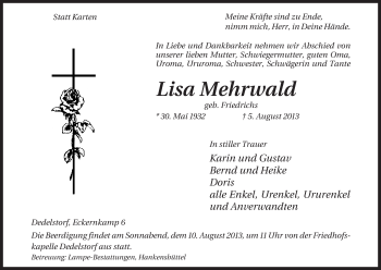 Traueranzeige von Lisa Mehrwald von Uelzen