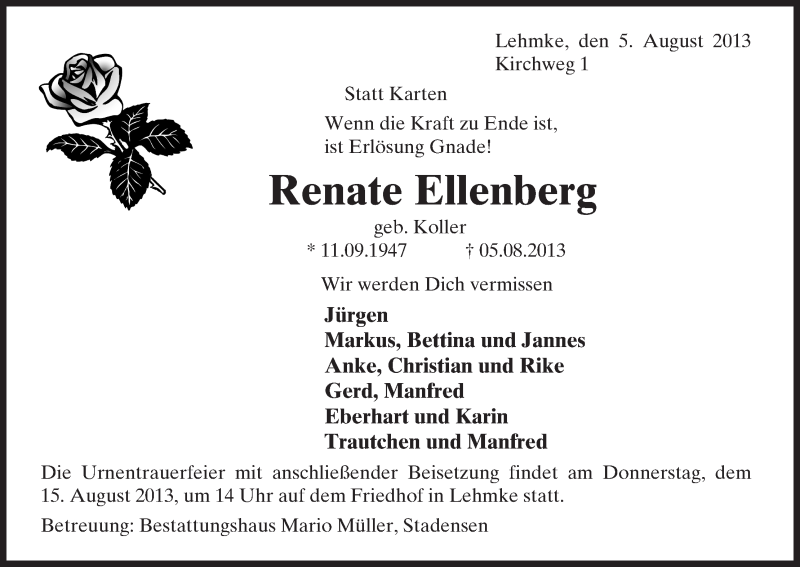  Traueranzeige für Renate Ellenberg vom 08.08.2013 aus Uelzen