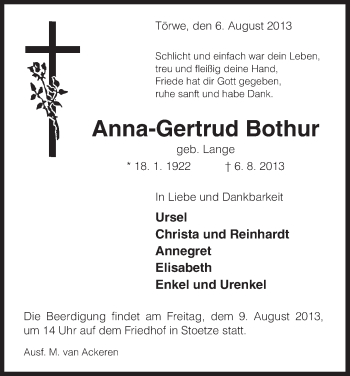 Traueranzeige von Anna-Gertrud Bothur von Uelzen