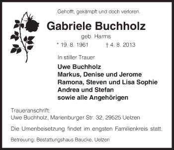 Traueranzeige von Gabriele Buchholz von Uelzen