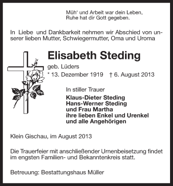 Traueranzeige von Elisabeth Steding von Uelzen