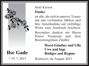 Traueranzeige von Ilse Gade von Uelzen