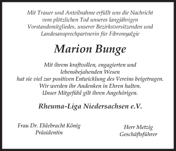 Traueranzeige von Marion Bunge von Uelzen