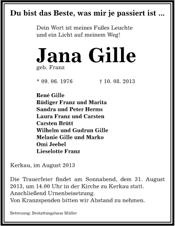 Traueranzeige von Jana Gille von Uelzen