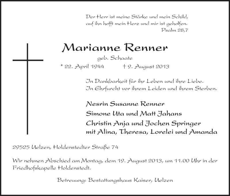  Traueranzeige für Marianne Renner vom 14.08.2013 aus Uelzen