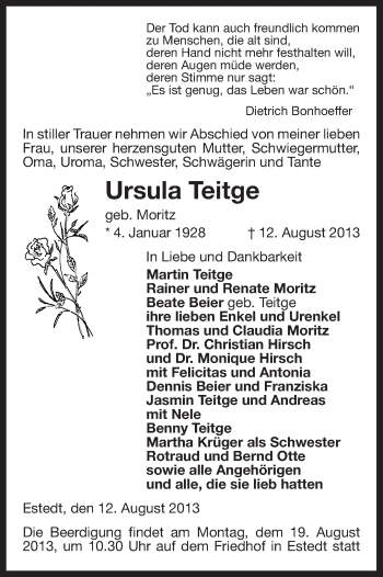 Traueranzeige von Ursula Teitge von Uelzen