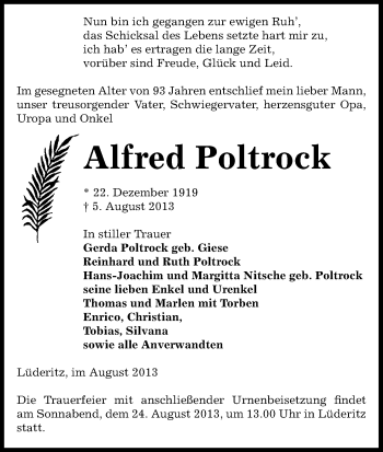 Traueranzeige von Alfred Poltrock von Uelzen