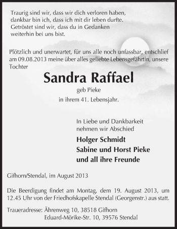 Traueranzeige von Sandra Raffael von Uelzen