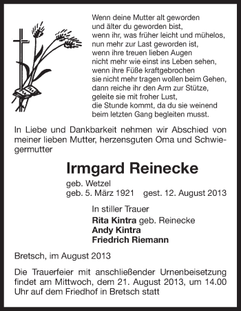 Traueranzeige von Irmgard Reinecke von Uelzen