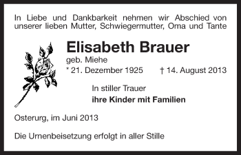 Traueranzeige von Elisabeth Brauer von Uelzen