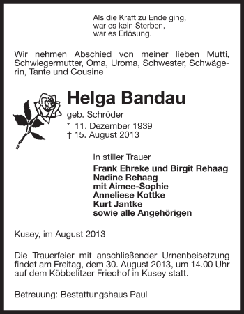 Traueranzeige von Helga Bandau von Uelzen