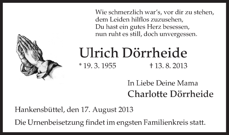  Traueranzeige für Ulrich Dörrheide vom 17.08.2013 aus Uelzen