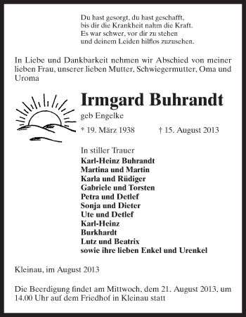 Traueranzeige von Irmgard Buhrandt von Uelzen