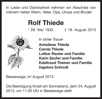 Traueranzeige von Rolf Thiede von Uelzen