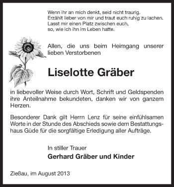 Traueranzeige von Liselotte Gräber von Uelzen