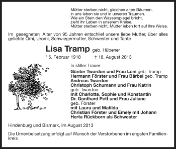 Traueranzeige von Lisa Tramp von Uelzen