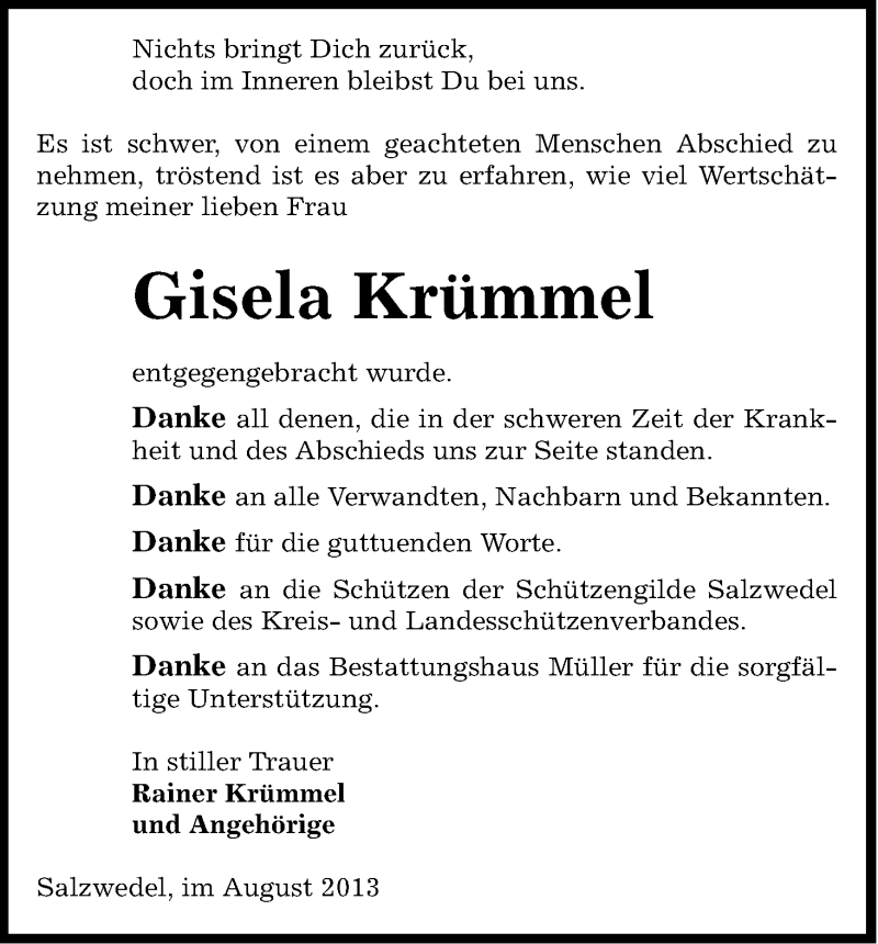  Traueranzeige für Gisela Krümmel vom 23.08.2013 aus Uelzen