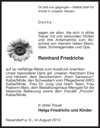 Traueranzeige von Reinhard Friedrichs von Uelzen