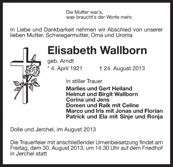 Traueranzeige von Elisabeth Wallborn von Uelzen