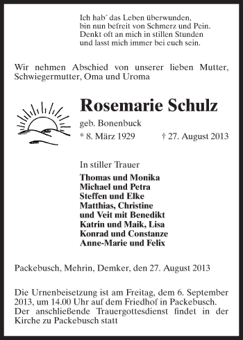 Traueranzeige von Rosemarie Schulz von Uelzen