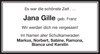 Traueranzeige von Jana Gille von Uelzen