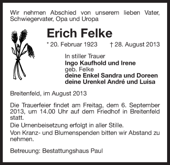 Traueranzeige von Erich Felke von Allgemeine Zeitung Uelzen