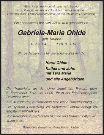 Traueranzeige von Gabriela-Maria Ohlde von Uelzen