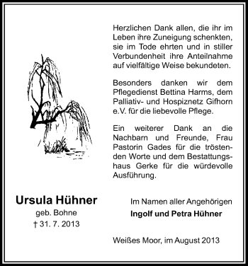 Traueranzeige von Ursula Hühner von Uelzen