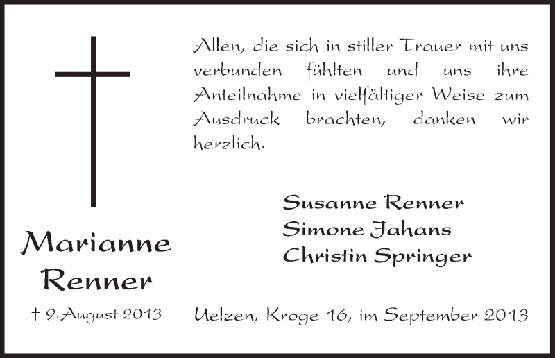  Traueranzeige für Marianne Renner vom 07.09.2013 aus Uelzen