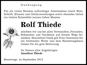 Traueranzeige von Rolf Thiede von Uelzen