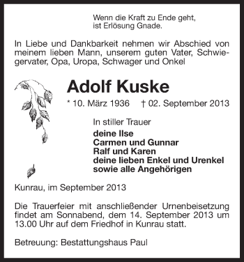 Traueranzeige von Adolf Kuske von Uelzen