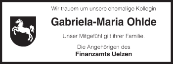 Traueranzeige von Gabriela-Maria Ohlde von Uelzen