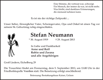 Traueranzeige von Stefan Neumann von Uelzen