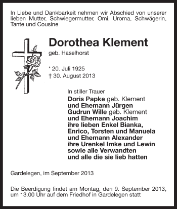 Traueranzeige von Dorothea Klement von Uelzen