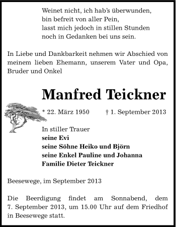 Traueranzeige von Manfred Teickner von Uelzen