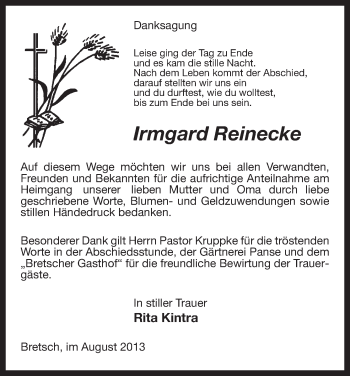 Traueranzeige von Irmgard Reinecke von Uelzen