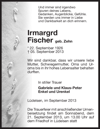 Traueranzeige von Irmgard Fischer von Uelzen