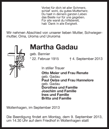 Traueranzeige von Martha Gadau von Uelzen