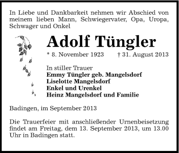 Traueranzeige von Adolf Tüngler von Uelzen