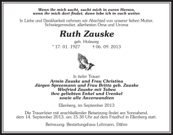 Traueranzeige von Ruth Zauske von Uelzen