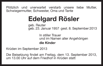 Traueranzeige von Edelgard Rösler von Uelzen