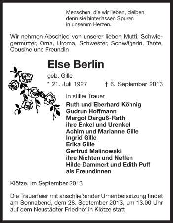Traueranzeige von Else Berlin von Uelzen
